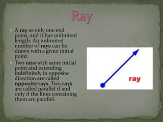  A ray as only one end

point, and it has unlimited
length. An unlimited
number of rays can be
drawn with a given initial
point.
 Two rays with same initial
point and extending
indefinitely in opposite
direction are called
opposite rays. Two rays
are called parallel if and
only if the lines containing
them are parallel.

 