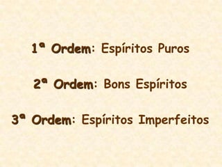 1ª Ordem: Espíritos Puros2ª Ordem: Bons Espíritos3ª Ordem: Espíritos Imperfeitos