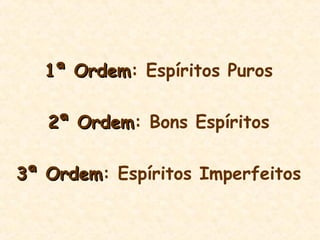 1ª Ordem1ª Ordem: Espíritos Puros
2ª Ordem2ª Ordem: Bons Espíritos
3ª Ordem3ª Ordem: Espíritos Imperfeitos
 