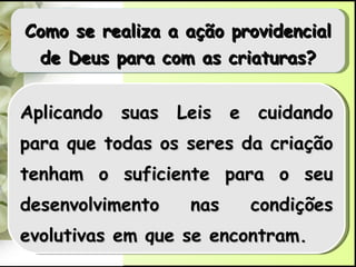 Como se realiza a ação providencial de Deus para com as criaturas? Aplicando suas Leis e cuidando para que todas os seres da criação tenham o suficiente para o seu desenvolvimento nas condições evolutivas em que se encontram. 