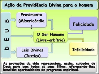 Ação da Providência Divina para o homem  As provações da vida representam, assim, cuidados de Deus para com todos os seus filhos, oferecendo-lhes benditas oportunidades de progresso espiritual.  O Ser Humano (Livre-arbítrio) Felicidade Infelicidade Provimento (Misericórdia) Leis Divinas ( Justiça ) 