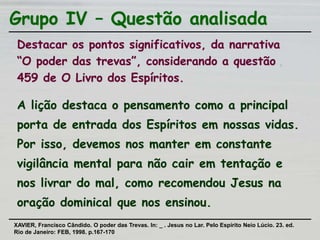 Grupo IV – Questão analisada
Destacar os pontos significativos, da narrativa
“O poder das trevas”, considerando a questão
459 de O Livro dos Espíritos.
A lição destaca o pensamento como a principal
porta de entrada dos Espíritos em nossas vidas.
Por isso, devemos nos manter em constante
vigilância mental para não cair em tentação e
nos livrar do mal, como recomendou Jesus na
oração dominical que nos ensinou.
XAVIER, Francisco Cândido. O poder das Trevas. In: _ . Jesus no Lar. Pelo Espírito Neio Lúcio. 23. ed.
Rio de Janeiro: FEB, 1998. p.167-170
 