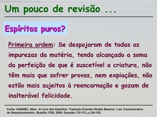 Espíritos puros?
Primeira ordem: Se despojaram de todas as
impurezas da matéria, tendo alcançado a soma
da perfeição de que é suscetível a criatura, não
têm mais que sofrer provas, nem expiações, não
estão mais sujeitos à reencarnação e gozam de
inalterável felicidade.
Um pouco de revisão ...
Fonte: KARDEC, Allan. O Livro dos Espíritos. Tradução Evandro Noleto Bezerra. 1.ed. Comemorativa
do Sesquicentenário. Brasília: FEB, 2006. Questão 112-113, p.124-125.
 