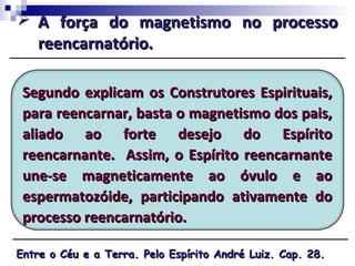 Segundo explicam os Construtores Espirituais,Segundo explicam os Construtores Espirituais,
para reencarnar, basta o magnetismo dos pais,para reencarnar, basta o magnetismo dos pais,
aliado ao forte desejo do Espíritoaliado ao forte desejo do Espírito
reencarnante. Assim, o Espírito reencarnantereencarnante. Assim, o Espírito reencarnante
une-se magneticamente ao óvulo e aoune-se magneticamente ao óvulo e ao
espermatozóide, participando ativamente doespermatozóide, participando ativamente do
processo reencarnatório.processo reencarnatório.
 A força do magnetismo no processoA força do magnetismo no processo
reencarnatório.reencarnatório.
Entre o Céu e a Terra. Pelo Espírito André Luiz. Cap. 28.Entre o Céu e a Terra. Pelo Espírito André Luiz. Cap. 28.
 