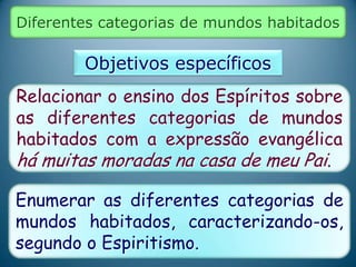 Diferentes categorias de mundos habitados
Objetivos específicos
Relacionar o ensino dos Espíritos sobre
as diferentes categorias de mundos
habitados com a expressão evangélica
há muitas moradas na casa de meu Pai.
Enumerar as diferentes categorias de
mundos habitados, caracterizando-os,
segundo o Espiritismo.
 