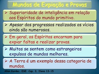 Mundos de Expiação e Provas
 Superioridade de inteligência em relação
aos Espíritos do mundo primitivo.
 Em geral, os Espíritos encarnam para
expiar faltas e realizar provas.
 Muitos se sentem como estrangeiros
expulsos de mundos melhores.
 A Terra é um exemplo dessa categoria de
mundos.
Allan Kardec. ESE. Cap. 3, Itens 13-15
 Apesar dos progressos realizados os vícios
ainda são numerosos.
 