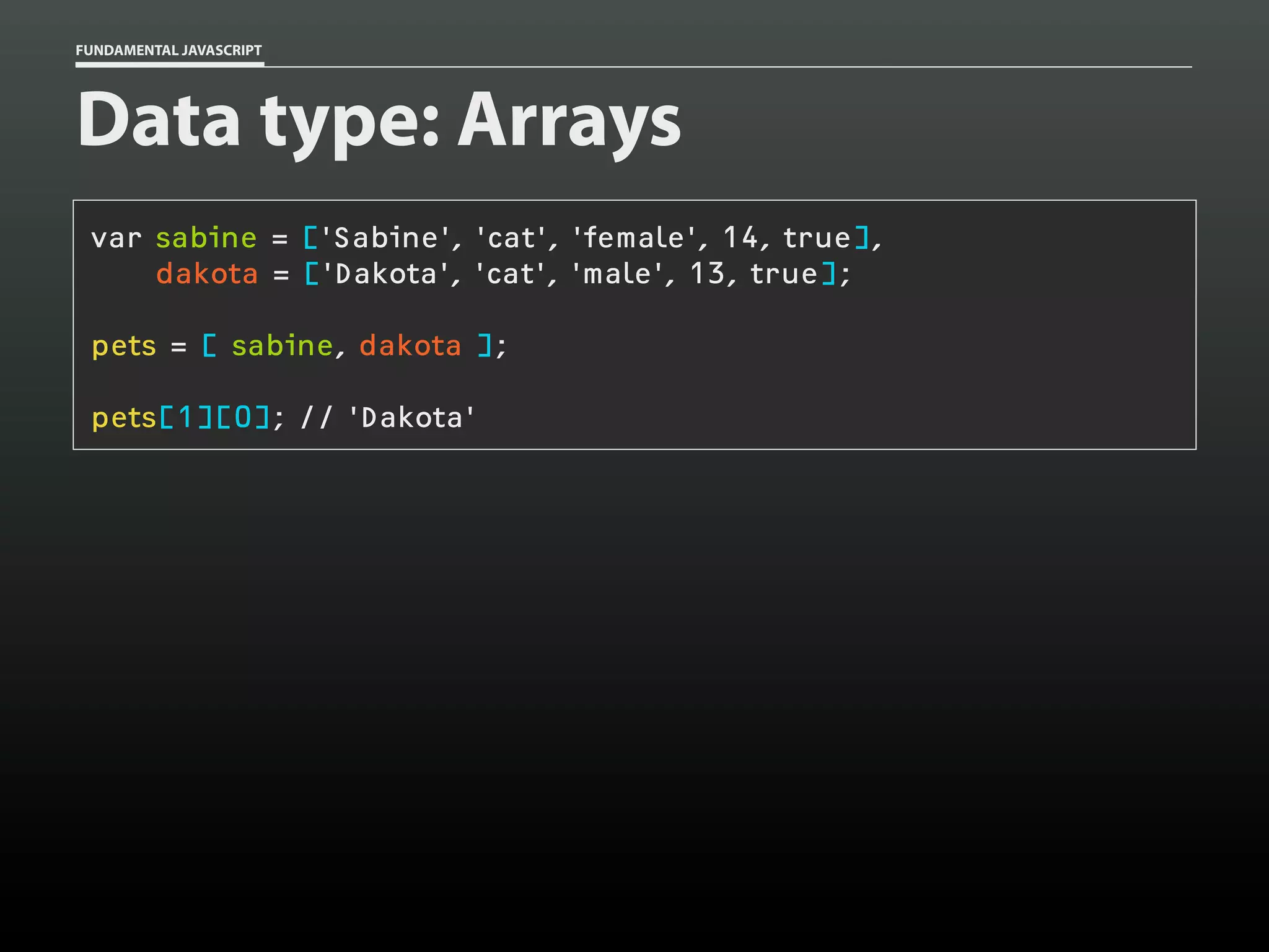 FUNDAMENTAL JAVASCRIPT

Data type: Arrays
var sabine = ['Sabine', 'cat', 'female', 14, true],
dakota = ['Dakota', 'cat', 'male', 13, true];
pets = [ sabine, dakota ];
pets[1][0]; // 'Dakota'

 