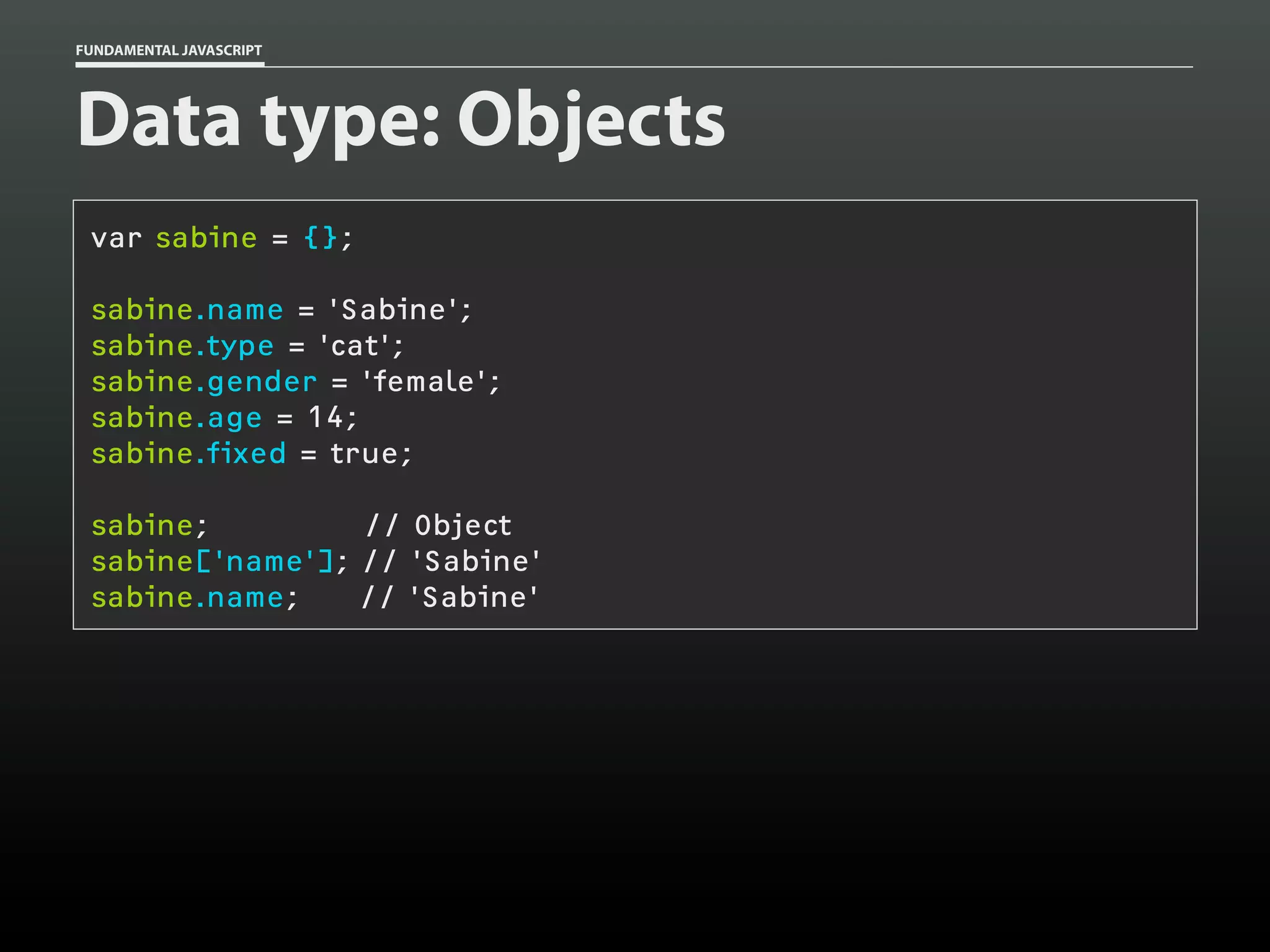 FUNDAMENTAL JAVASCRIPT

Data type: Objects
var sabine = {};
sabine.name = 'Sabine';
sabine.type = 'cat';
sabine.gender = 'female';
sabine.age = 14;
sabine.fixed = true;
sabine;
// Object
sabine['name']; // 'Sabine'
sabine.name;
// 'Sabine'

 