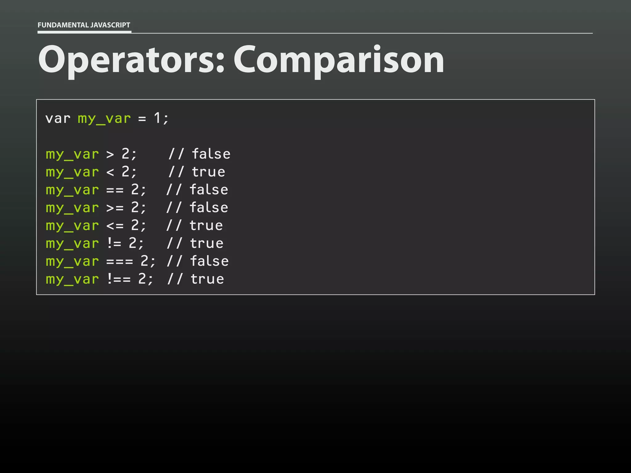 FUNDAMENTAL JAVASCRIPT

Operators: Comparison
var my_var = 1;
my_var
my_var
my_var
my_var
my_var
my_var
my_var
my_var

> 2;
< 2;
== 2;
>= 2;
<= 2;
!= 2;
=== 2;
!== 2;

// false
// true
// false
// false
// true
// true
// false
// true

 