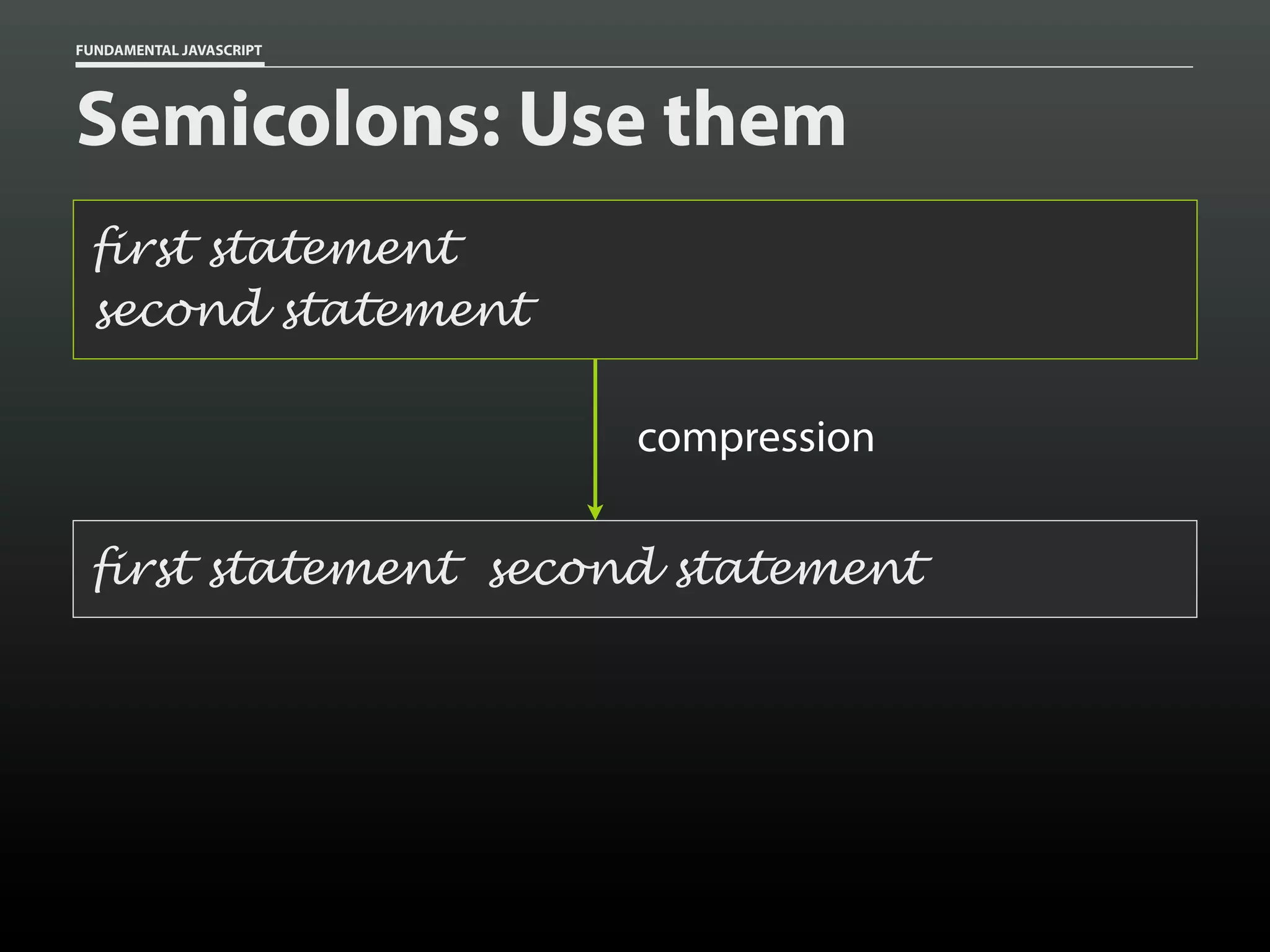 FUNDAMENTAL JAVASCRIPT

Semicolons: Use them
first statement
second statement
compression
first statement second statement

 