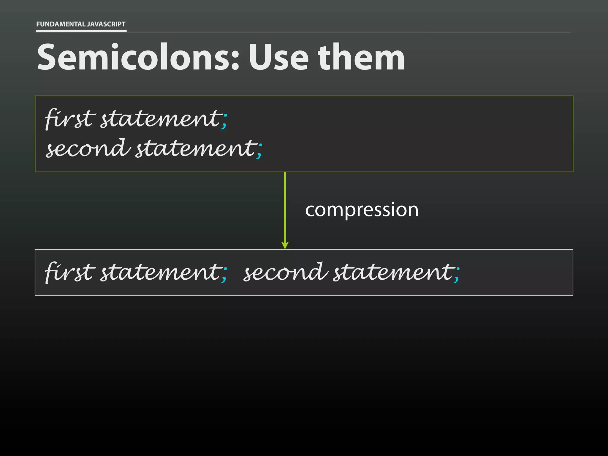 FUNDAMENTAL JAVASCRIPT

Semicolons: Use them
first statement ;
second statement ;
compression
first statement ; second statement ;

 