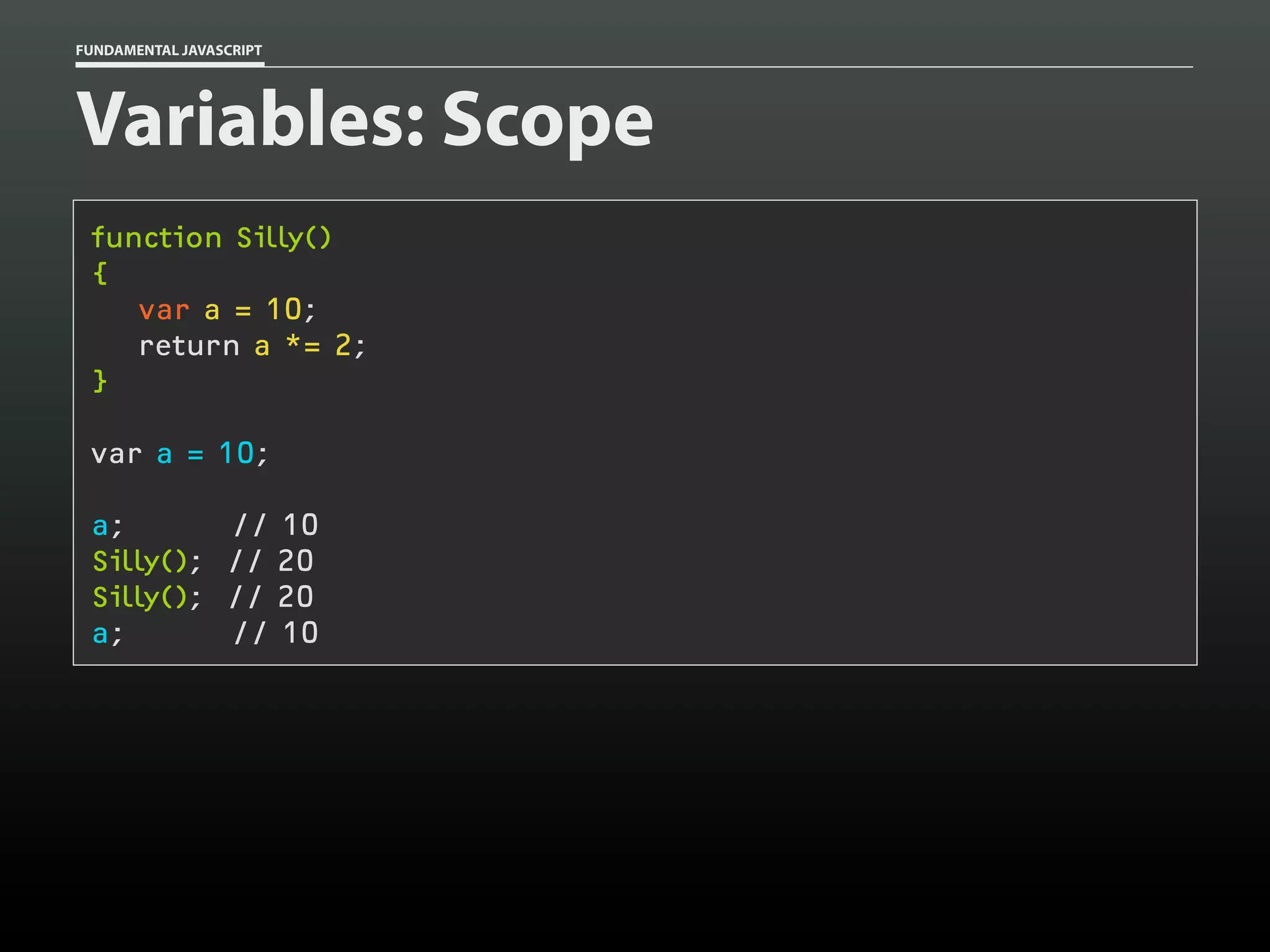 FUNDAMENTAL JAVASCRIPT

Variables: Scope
function Silly()
{
var a = 10;
return a *= 2;
}
var a = 10;
a;
Silly();
Silly();
a;

// 10
// 20
// 20
// 10

 