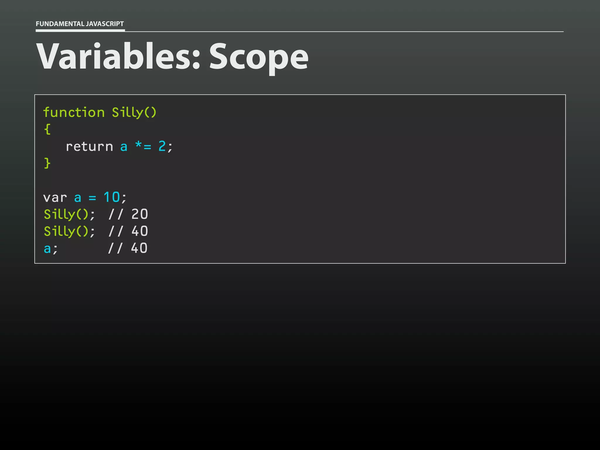 FUNDAMENTAL JAVASCRIPT

Variables: Scope
function Silly()
{
return a *= 2;
}
var a =
Silly();
Silly();
a;

10;
// 20
// 40
// 40

 