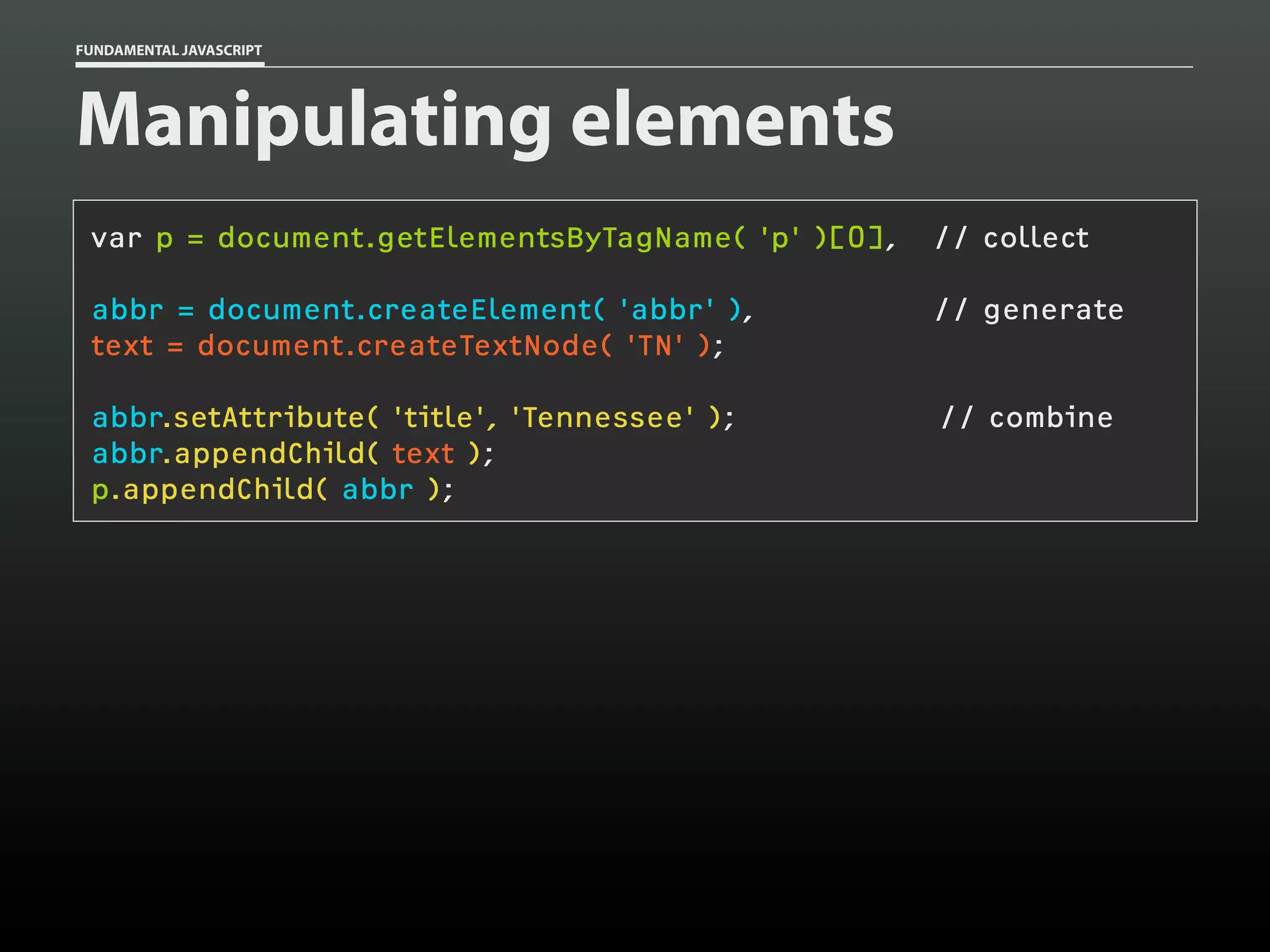 FUNDAMENTAL JAVASCRIPT

Manipulating elements
var p = document.getElementsByTagName( 'p' )[0],

// collect

abbr = document.createElement( 'abbr' ),
text = document.createTextNode( 'TN' );

// generate

abbr.setAttribute( 'title', 'Tennessee' );
abbr.appendChild( text );
p.appendChild( abbr );

// combine

 