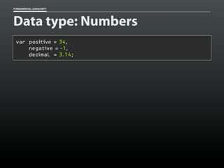 FUNDAMENTAL JAVASCRIPT

Data type: Numbers
var positive = 34,
negative = -1,
decimal = 3.14;

 