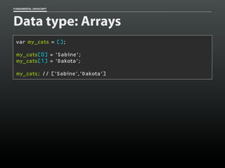 FUNDAMENTAL JAVASCRIPT

Data type: Arrays
var my_cats = [];
my_cats[0] = 'Sabine';
my_cats[1] = 'Dakota';
my_cats; // ['Sabine','Dakota']

 