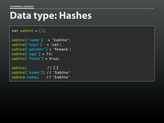 FUNDAMENTAL JAVASCRIPT

Data type: Hashes
var sabine = [];
sabine['name'] = 'Sabine';
sabine['type'] = 'cat';
sabine['gender'] = 'female';
sabine['age'] = 14;
sabine['fixed'] = true;
sabine;
// []
sabine['name']; // 'Sabine'
sabine.name;
// 'Sabine'

 