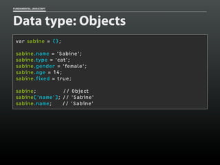 FUNDAMENTAL JAVASCRIPT

Data type: Objects
var sabine = {};
sabine.name = 'Sabine';
sabine.type = 'cat';
sabine.gender = 'female';
sabine.age = 14;
sabine.fixed = true;
sabine;
// Object
sabine['name']; // 'Sabine'
sabine.name;
// 'Sabine'

 
