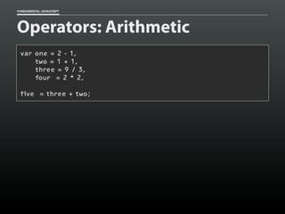 FUNDAMENTAL JAVASCRIPT

Operators: Arithmetic
var one = 2 - 1,
two = 1 + 1,
three = 9 / 3,
four = 2 * 2,
five = three + two;

 