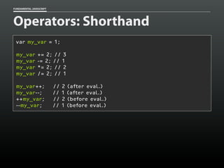 FUNDAMENTAL JAVASCRIPT

Operators: Shorthand
var my_var = 1;
my_var
my_var
my_var
my_var

+= 2; // 3
-= 2; // 1
*= 2; // 2
/= 2; // 1

my_var++;
my_var--;
++my_var;
--my_var;

//
//
//
//

2
1
2
1

(after eval.)
(after eval.)
(before eval.)
(before eval.)

 