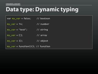 FUNDAMENTAL JAVASCRIPT

Data type: Dynamic typing
var my_var = false;

// boolean

my_var = 14;

// number

my_var = "test";

// string

my_var = [];

// array

my_var = {};

// object

my_var = function(){}; // function

 
