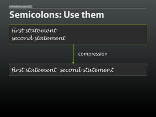 FUNDAMENTAL JAVASCRIPT

Semicolons: Use them
first statement
second statement
compression
first statement second statement

 