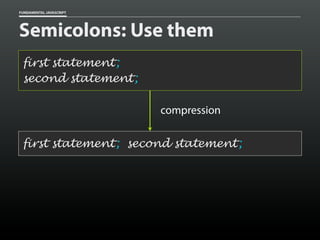 FUNDAMENTAL JAVASCRIPT

Semicolons: Use them
first statement ;
second statement ;
compression
first statement ; second statement ;

 