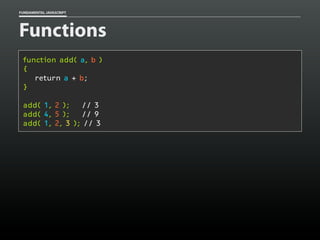 FUNDAMENTAL JAVASCRIPT

Functions
function add( a, b )
{
return a + b;
}
add( 1, 2 );
// 3
add( 4, 5 );
// 9
add( 1, 2, 3 ); // 3

 