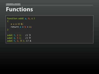 FUNDAMENTAL JAVASCRIPT

Functions
function add( a, b, c )
{
c = c || 0;
return a + b + c;
}
add( 1, 2 );
// 3
add( 4, 5 );
// 9
add( 1, 2, 3 ); // 6

 