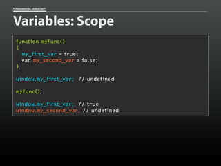 FUNDAMENTAL JAVASCRIPT

Variables: Scope
function myFunc()
{
my_first_var = true;
var my_second_var = false;
}
window.my_first_var; // undefined
myFunc();
window.my_first_var; // true
window.my_second_var; // undefined

 