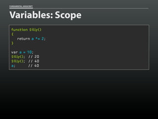 FUNDAMENTAL JAVASCRIPT

Variables: Scope
function Silly()
{
return a *= 2;
}
var a =
Silly();
Silly();
a;

10;
// 20
// 40
// 40

 