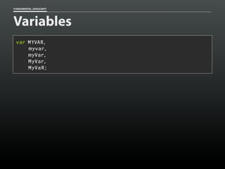 FUNDAMENTAL JAVASCRIPT

Variables
var MYVAR,
myvar,
myVar,
MyVar,
MyVaR;

 