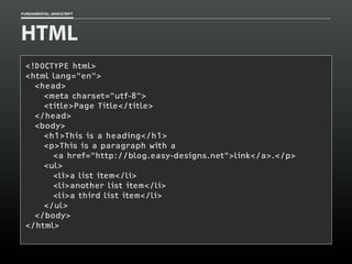 FUNDAMENTAL JAVASCRIPT

HTML
<!DOCTYPE html>
<html lang="en">
<head>
<meta charset=”utf-8">
<title>Page Title</title>
</head>
<body>
<h1>This is a heading</h1>
<p>This is a paragraph with a
<a href="http://blog.easy-designs.net">link</a>.</p>
<ul>
<li>a list item</li>
<li>another list item</li>
<li>a third list item</li>
</ul>
</body>
</html>

 