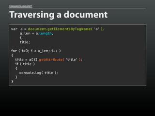 FUNDAMENTAL JAVASCRIPT

Traversing a document
var a = document.getElementsByTagName( 'a' ),
a_len = a.length,
i,
title;
for ( i=0; i < a_len; i++ )
{
title = a[i].getAttribute( 'title' );
if ( title )
{
console.log( title );
}
}

 