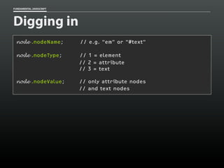 FUNDAMENTAL JAVASCRIPT

Digging in
node .nodeName;

// e.g. “em” or “#text”

node .nodeType;

// 1 = element
// 2 = attribute
// 3 = text

node .nodeValue;

// only attribute nodes
// and text nodes

 