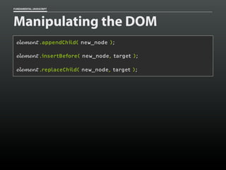 FUNDAMENTAL JAVASCRIPT

Manipulating the DOM
element .appendChild( new_node );
element .insertBefore( new_node, target );
element .replaceChild( new_node, target );

 