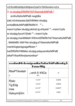 mCÄmNÐúlbNþúHbNþalviC¢aCIv³GKÁisnIkm<úCa
3- er:sIusþg;ERbRbYleTAtamsItuNðPaB ³
emKuNsItuNðPaB nwgbBa
¢ak;nUvkarpøas;bþÚrtMéler:sIusþg;
enAeBlsItuNðPaBERbRbYl . α
>0
mann½yfaer:sIusþg;ekIneLIg ehIyebI α
<0 mann½yfa
er:sIusþg;fycuH EtebI α
=0 mann½yfa
er:sIusþg;mantMélefr KWminERbRbYleTAtamsItuNðPaB
. tMélbMEr bMrYler:sIusþg;eTAtamsItuNðPaB
mankñúgtaragxageRkam ³
karERbRbYltMéler:sIusþg;edaysarsItuNðPaB
eKeFVIkarKNnatamsmIkar³
er:sIusÞIvIetnigemKuNsItuNðPaBénGgÁ
FatucMlg
RbePTénelah
³
ρ enA 0o
KitCa
Ωm
α
R)ak;
1.5.10-8
0.0039
Tg;Edg
1.6.10-8
0.0039
mas
2.2.10-8
0.00377
GaluymIjÚm
2.6.10-8
0.004
/mnt/temp/unoconv/20150509071323/fundamentallaws1-150509071323-lva1-app6892.doc 34
 