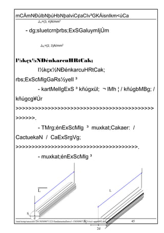 mCÄmNÐúlbNþúHbNþalviC¢aCIv³GKÁisnIkm<úCa
Jcu=(3, 4)A/mm2
- dg;sIuetcrnþrbs;ExSGaluymIjÚm
JAL=(2, 3)A/mm2
l½kçx½NÐénkarcuHRtCak;
l½kçx½NÐénkarcuHRtCak;
rbs;ExScMlgGaRs½yelI ³
- kartMelIgExS ³ kñúgxül; ¬ lMh ¦ / kñúgbMBg; /
kñúgcg¥Úr
>>>>>>>>>>>>>>>>>>>>>>>>>>>>>>>>>>>>>>>>>>>
>>>>>>.
- TMrg;énExScMlg ³ muxkat;Cakaer: /
CactuekaN / CaExSrgVg;
>>>>>>>>>>>>>>>>>>>>>>>>>>>>>>>>>>>>>>.
- muxkat;énExScMlg ³
/mnt/temp/unoconv/20150509071323/fundamentallaws1-150509071323-lva1-app6892.doc 45
L L
S2
2d
d
S1
 