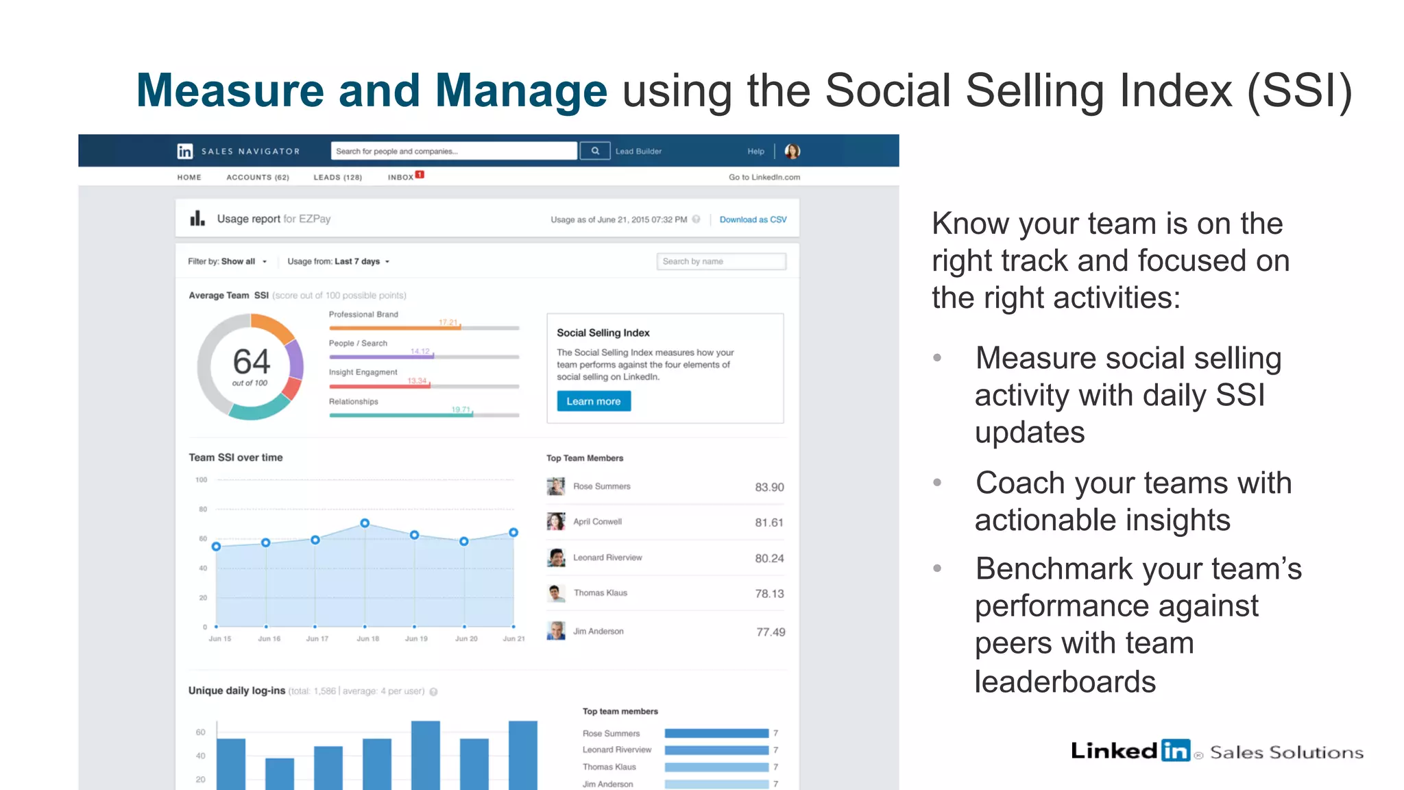 Know your team is on the
right track and focused on
the right activities:
•  Measure social selling
activity with daily SSI
updates
•  Coach your teams with
actionable insights
•  Benchmark your team’s
performance against
peers with team
leaderboards
Measure and Manage using the Social Selling Index (SSI)
 