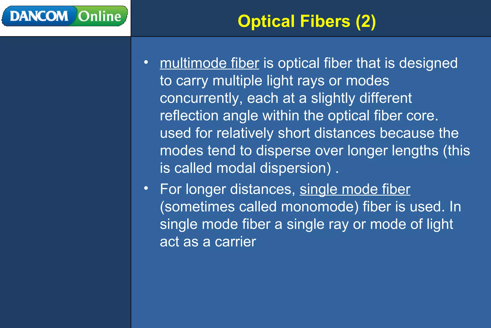 Optical Fibers (2) multimode fiber  is optical fiber that is designed to carry multiple light rays or modes concurrently, each at a slightly different reflection angle within the optical fiber core. used for relatively short distances because the modes tend to disperse over longer lengths (this is called modal dispersion) .  For longer distances,  single mode fiber  (sometimes called monomode) fiber is used. In single mode fiber a single ray or mode of light act as a carrier  
