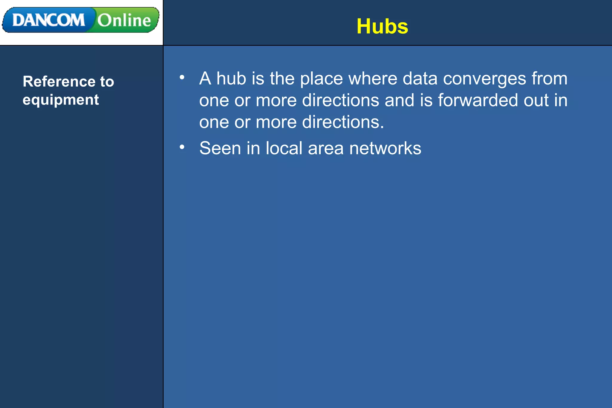 Hubs A hub is the place where data converges from one or more directions and is forwarded out in one or more directions. Seen in local area networks Reference to equipment 