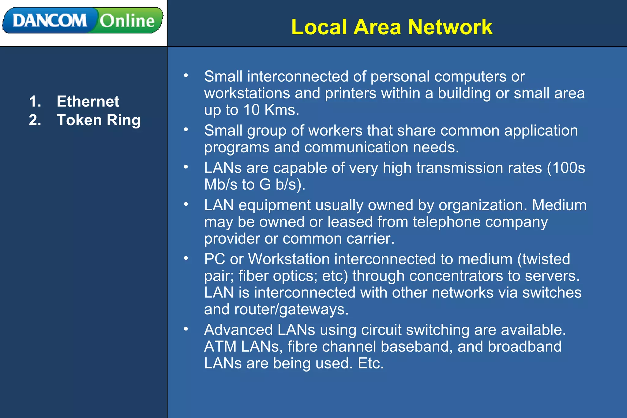 Local Area Network Small interconnected of personal computers or workstations and printers within a building or small area  up to 10 Kms. Small group of workers that share common application programs and communication needs. LANs are capable of very high transmission rates (100s Mb/s to G b/s). LAN equipment usually owned by organization. Medium may be owned or leased from telephone company provider or common carrier. PC or Workstation interconnected to medium (twisted pair; fiber optics; etc) through concentrators to servers. LAN is interconnected with other networks via switches and router/gateways. Advanced LANs using circuit switching are available. ATM LANs, fibre channel baseband, and broadband LANs are being used. Etc. Ethernet Token Ring 