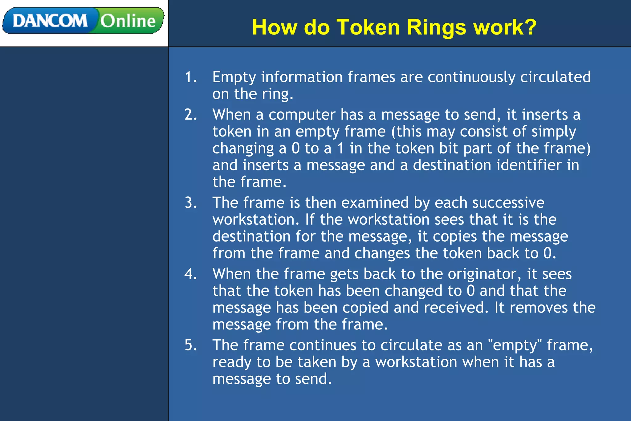 How do Token Rings work? Empty information frames are continuously circulated on the ring.  When a computer has a message to send, it inserts a token in an empty frame (this may consist of simply changing a 0 to a 1 in the token bit part of the frame) and inserts a message and a destination identifier in the frame.  The frame is then examined by each successive workstation. If the workstation sees that it is the destination for the message, it copies the message from the frame and changes the token back to 0.  When the frame gets back to the originator, it sees that the token has been changed to 0 and that the message has been copied and received. It removes the message from the frame.  The frame continues to circulate as an &quot;empty&quot; frame, ready to be taken by a workstation when it has a message to send.  