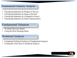 Fundamental Industry Analysis
Fundamental Valuation
• Classifying Industries by Product or Service
• Classifying Industries by Stage of Growth
• Classifying Industries by Competitive Forces
• Classifying Industries by Stock Characteristics
• Dividend Discount Model
• Using the Price-Earnings Ratio
Technical Analysis
• Comparing Technical Analysis to Fundamental Analysis
• Commonly Used Tools in Technical Analysis
 