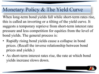 Monetary Policy & The Yield Curve
When long-term bond yields fall while short-term rates rise,
this is called an inverting or a tilting of the yield curve. It
suggests a temporary reprieve from short-term interest rate
pressure and less competition for equities from the level of
bond yields. The general process is:
• Rapidly rising bond yields cause a collapse in bond
prices. (Recall the inverse relationship between bond
prices and yields.)
• As short-term interest rates rise, the rate at which bond
yields increase slows down.
 