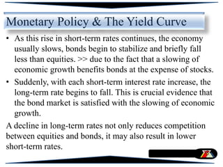 • As this rise in short-term rates continues, the economy
usually slows, bonds begin to stabilize and briefly fall
less than equities. >> due to the fact that a slowing of
economic growth benefits bonds at the expense of stocks.
• Suddenly, with each short-term interest rate increase, the
long-term rate begins to fall. This is crucial evidence that
the bond market is satisfied with the slowing of economic
growth.
A decline in long-term rates not only reduces competition
between equities and bonds, it may also result in lower
short-term rates.
Monetary Policy & The Yield Curve
 