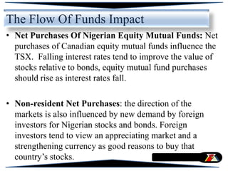 • Net Purchases Of Nigerian Equity Mutual Funds: Net
purchases of Canadian equity mutual funds influence the
TSX. Falling interest rates tend to improve the value of
stocks relative to bonds, equity mutual fund purchases
should rise as interest rates fall.
• Non-resident Net Purchases: the direction of the
markets is also influenced by new demand by foreign
investors for Nigerian stocks and bonds. Foreign
investors tend to view an appreciating market and a
strengthening currency as good reasons to buy that
country’s stocks.
The Flow Of Funds Impact
 
