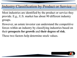 Industry Classification by Product or Service
Most industries are identified by the product or service they
provide. E.g., U.S. market has about 90 different industry
groups.
However, an astute investor can understand the competitive
forces within an industry by classifying industries based on
their prospects for growth and their degree of risk.
These two factors help determine stock values.
 