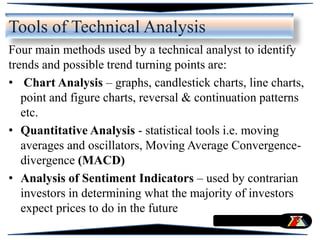 Tools of Technical Analysis
Four main methods used by a technical analyst to identify
trends and possible trend turning points are:
• Chart Analysis – graphs, candlestick charts, line charts,
point and figure charts, reversal & continuation patterns
etc.
• Quantitative Analysis - statistical tools i.e. moving
averages and oscillators, Moving Average Convergence-
divergence (MACD)
• Analysis of Sentiment Indicators – used by contrarian
investors in determining what the majority of investors
expect prices to do in the future
 