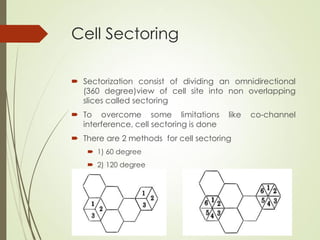 Cell Sectoring
 Sectorization consist of dividing an omnidirectional
(360 degree)view of cell site into non overlapping
slices called sectoring
 To overcome some limitations like co-channel
interference, cell sectoring is done
 There are 2 methods for cell sectoring
 1) 60 degree
 2) 120 degree
 